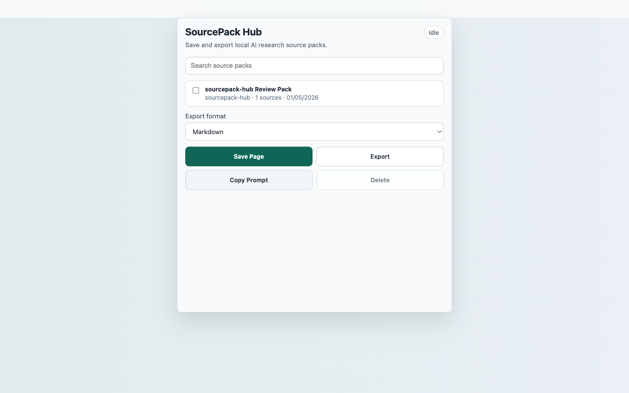 SourcePack Hub popup screenshot showing the shipped extension UI